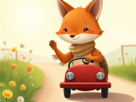 A whimsical scene of a small, friendly fox wearing a tiny scarf waving at a cheerful turtle driving a miniature red car on a sunny country road lined with wildflowers and dandelions, soft pastel lighting, gentle smile on both animals, no text or signs, peaceful and joyful atmosphere