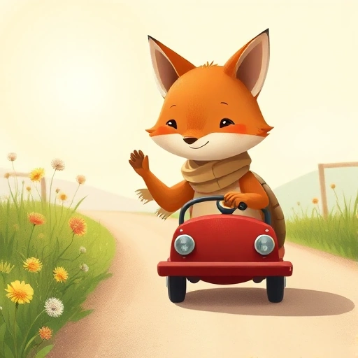 A whimsical scene of a small, friendly fox wearing a tiny scarf waving at a cheerful turtle driving a miniature red car on a sunny country road lined with wildflowers and dandelions, soft pastel lighting, gentle smile on both animals, no text or signs, peaceful and joyful atmosphere