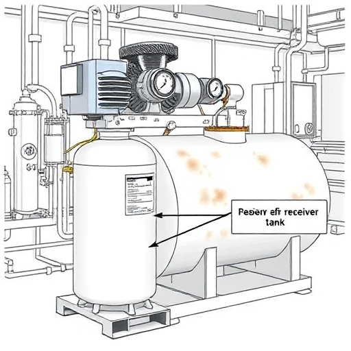 A technical illustration of a compressor used for pressure testing, showing its connection to a receiver tank, with emphasis on the receiver's condition — including visible pressure gauge, safety valve, inlet/outlet pipes, and signs of wear or corrosion on the tank surface; industrial setting, clean lines, detailed mechanical components, no text or labels