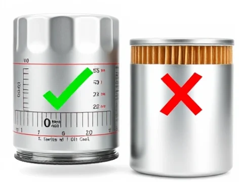 A close-up illustration of two oil filters side by side on a clean white background, showing clear comparison of dimensions (height, diameter) and thread pitch markings, with subtle measurement lines and labels indicating compatibility; one filter has a green checkmark overlay, the other a red 'X' symbol, both filters rendered in realistic metallic finish with visible branding areas left blank to avoid text, soft studio lighting, high detail, smallHQ style