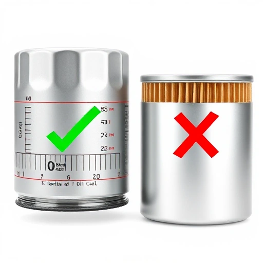 A close-up illustration of two oil filters side by side on a clean white background, showing clear comparison of dimensions (height, diameter) and thread pitch markings, with subtle measurement lines and labels indicating compatibility; one filter has a green checkmark overlay, the other a red 'X' symbol, both filters rendered in realistic metallic finish with visible branding areas left blank to avoid text, soft studio lighting, high detail, smallHQ style