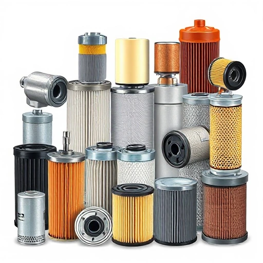 A professional illustration of various industrial filters for heavy machinery, including air, oil, and fuel filters, arranged neatly on a clean white background with subtle shadows, showing detailed textures and realistic metallic and fibrous materials, no text or labels, no people, no vehicles, no logos, no watermarks, no digital artifacts