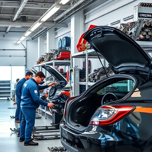 A modern auto service interior with technicians working on a car using diagnostic tools, shelves with labeled original and aftermarket spare parts displayed side by side, clean organized workspace, bright lighting, professional atmosphere