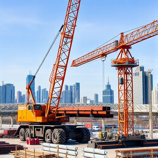 A powerful 70-ton mobile crane operating on a construction site in Moscow, lifting heavy steel beams with precision, modern city skyline in the background, clear daylight, realistic industrial scene, no text or signage visible