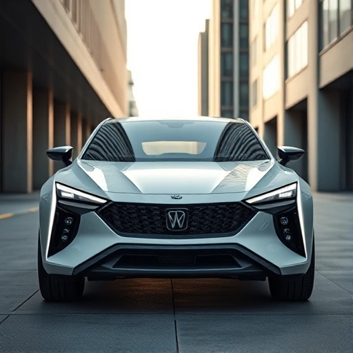 A modern reinterpretation of the LADA Iskra concept car exterior, featuring the distinctive 'X-face' design with sharp LED headlights, a bold angular grille, and aerodynamic body lines blending retro Soviet-era influences with futuristic elements; set against a neutral urban backdrop with soft daylight, emphasizing clean surfaces, reflective paint, and minimalist detailing