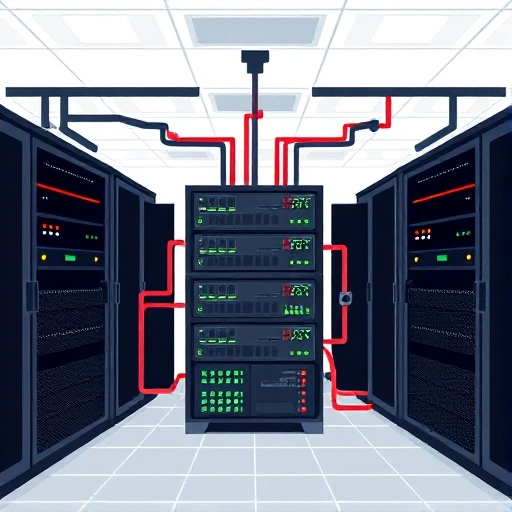 A professional data center scene showing a high-availability VDI infrastructure with redundant servers, network switches, and storage arrays connected in a fault-tolerant topology, including visual indicators of failover such as blinking status lights and mirrored data paths, all in a clean, modern, technical illustration style