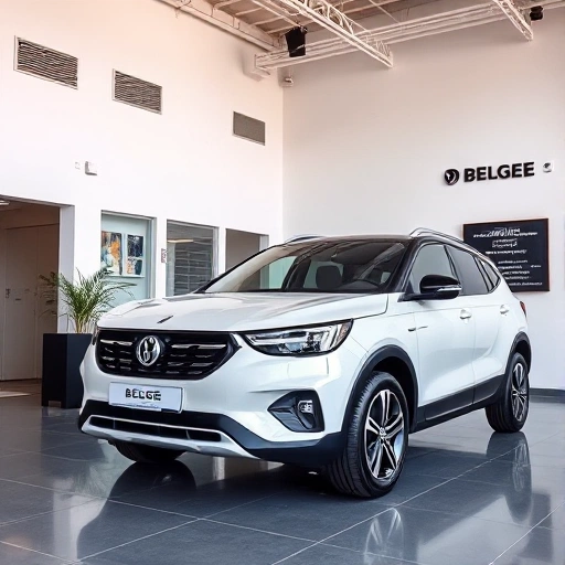 A professional automotive showroom interior with a Belgee vehicle displayed prominently, featuring a clean modern design, subtle branding elements, and a certified dealer plaque visible on the wall, conveying trust and official partnership, no text or letters in the image