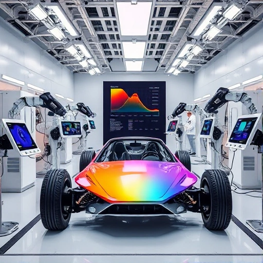 A modern automotive paint shop in 2026, featuring advanced robotic arms applying precise layers of eco-friendly, color-shifting paint onto a sleek electric vehicle chassis under controlled lighting; technicians in clean uniforms monitor digital color-matching displays and spectral analyzers on touchscreen interfaces; suspended overhead are holographic color spectra and AI-driven paint formulation charts floating in mid-air; the environment is pristine, high-tech, with seamless white surfaces, so