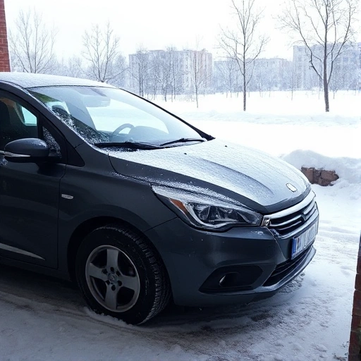 A car parked in a snowy winter setting in Minsk, with visible winter preparation details: winter tires installed, antifreeze being checked under the hood, windshield wipers lifted to prevent freezing, battery being tested with a multimeter, and a garage or driveway covered in light snow. The scene includes subtle Belarusian winter elements like frosted trees and distant Soviet-era apartment buildings in the background. No people, no text, no license plates visible.